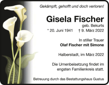 Traueranzeige von Gisela Fischer (geb. Bekurts)  von Magdeburger Volksstimme