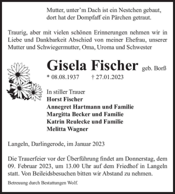 Traueranzeige von Gisela Fischer (geb. Borß)  von Magdeburger Volksstimme