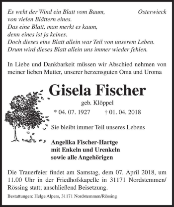 Traueranzeige von Gisela Fischer (geb. Klöppel)  von Magdeburger Volksstimme