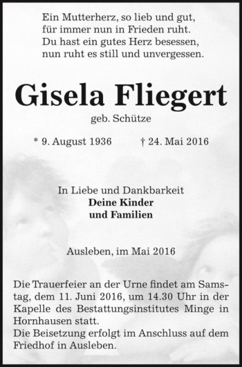 Traueranzeige von Gisela Fliegert (geb. Schütze)  von Magdeburger Volksstimme
