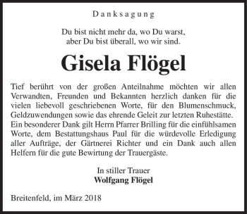 Traueranzeige von Gisela Flögel  von Magdeburger Volksstimme
