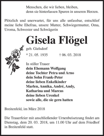 Traueranzeige von Gisela Flögel (geb. Gielsdorf)  von Magdeburger Volksstimme