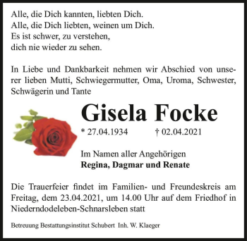Traueranzeige von Gisela Focke  von Magdeburger Volksstimme