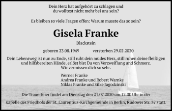 Traueranzeige von Gisela Franke  von Magdeburger Volksstimme