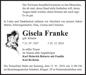 Traueranzeige von Gisela Franke (geb. Klinder)  von Magdeburger Volksstimme