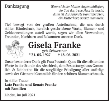 Traueranzeige von Gisela Franke (geb. Schwertner)  von Magdeburger Volksstimme
