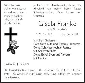 Traueranzeige von Gisela Franke (geb. Schwertner)  von Magdeburger Volksstimme