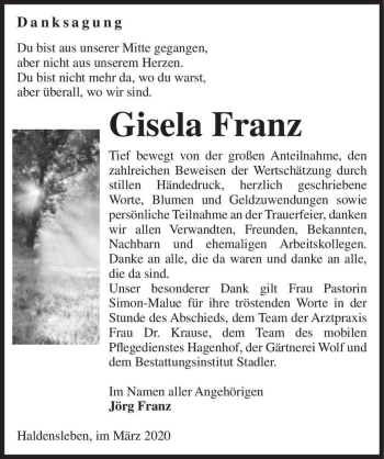 Traueranzeige von Gisela Franz  von Magdeburger Volksstimme