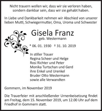 Traueranzeige von Gisela Franz (geb. Westermann)  von Magdeburger Volksstimme