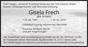 Traueranzeige von Gisela Frech (geb. Schapitz)  von Magdeburger Volksstimme