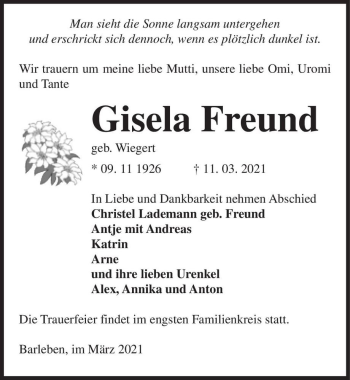 Traueranzeige von Gisela Freund (geb. Wiegert)  von Magdeburger Volksstimme