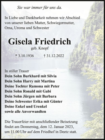 Traueranzeige von Gisela Friedrich (geb. Knopf)  von Magdeburger Volksstimme