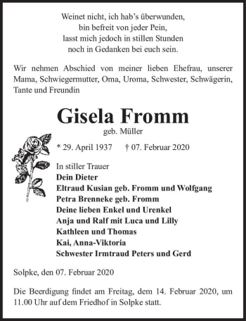 Traueranzeige von Gisela Fromm (geb. Müller)  von Magdeburger Volksstimme