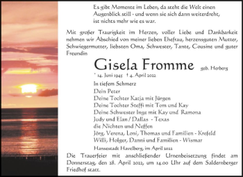 Traueranzeige von Gisela Fromme (geb. Herberg)  von Magdeburger Volksstimme