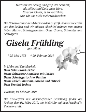 Traueranzeige von Gisela Frühling (geb. Müller)  von Magdeburger Volksstimme