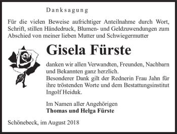 Traueranzeige von Gisela Fürste  von Magdeburger Volksstimme