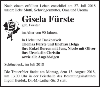 Traueranzeige von Gisela Fürste (geb. Förster)  von Magdeburger Volksstimme