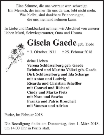 Traueranzeige von Gisela Gaede (geb. Tiede)  von Magdeburger Volksstimme