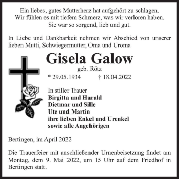 Traueranzeige von Gisela Galow (geb. Rötz)  von Magdeburger Volksstimme