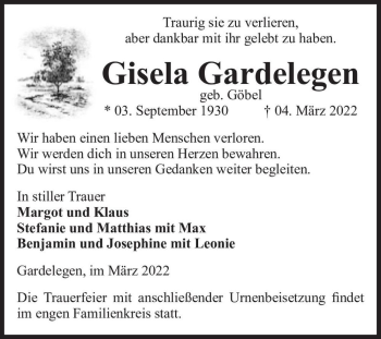 Traueranzeige von Gisela Gardelegen (geb. Göbel)  von Magdeburger Volksstimme