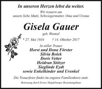 Traueranzeige von Gisela Gauer (geb. Wentzel)  von Magdeburger Volksstimme