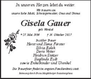 Traueranzeige von Gisela Gauer (geb. Wentzel)  von Magdeburger Volksstimme