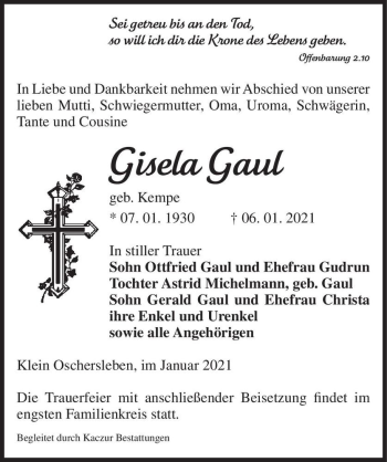 Traueranzeige von Gisela Gaul (geb. Kempe)  von Magdeburger Volksstimme