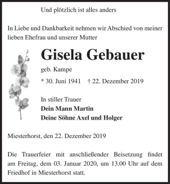 Traueranzeige von Gisela Gebauer (geb. Kampe)  von Magdeburger Volksstimme