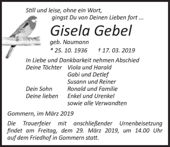 Traueranzeige von Gisela Gebel (geb. Naumann)  von Magdeburger Volksstimme
