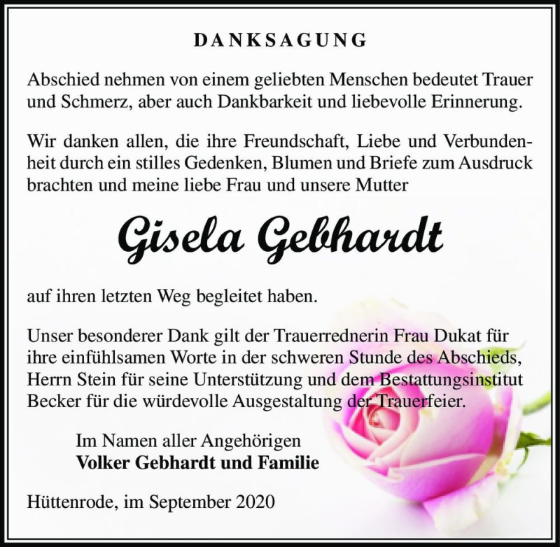  Traueranzeige für Gisela Gebhardt  vom 02.10.2020 aus Magdeburger Volksstimme