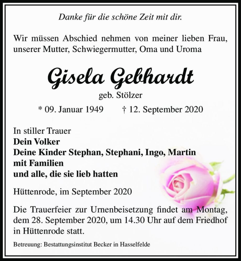  Traueranzeige für Gisela Gebhardt (geb. Stölzer)  vom 19.09.2020 aus Magdeburger Volksstimme
