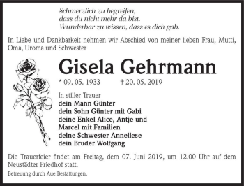 Traueranzeige von Gisela Gehrmann  von Magdeburger Volksstimme