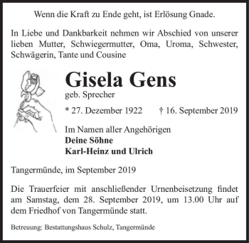Traueranzeige von Gisela Gens (geb. Sprecher)  von Magdeburger Volksstimme