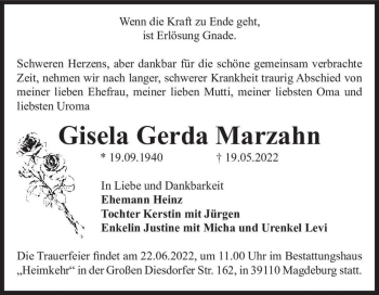 Traueranzeige von Gisela Gerda Marzahn  von Magdeburger Volksstimme
