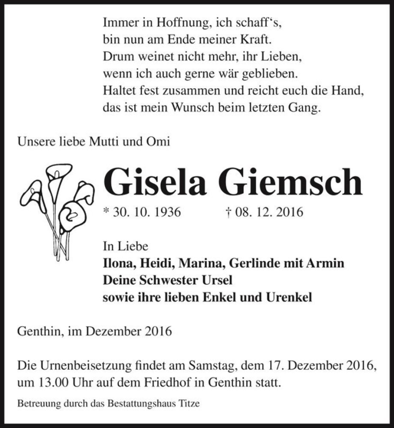  Traueranzeige für Gisela Giemsch  vom 13.12.2016 aus Magdeburger Volksstimme