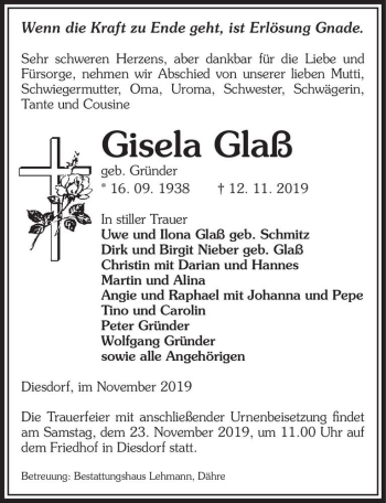 Traueranzeige von Gisela Glaß (geb. Gründer)  von Magdeburger Volksstimme