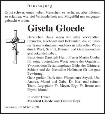 Traueranzeige von Gisela Gloede  von Magdeburger Volksstimme
