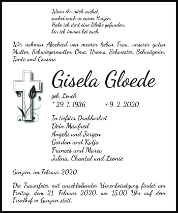 Traueranzeige von Gisela Gloede (geb. Lenck)  von Magdeburger Volksstimme