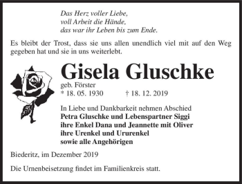 Traueranzeige von Gisela Gluschke (geb. Förster)  von Magdeburger Volksstimme