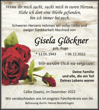 Traueranzeige von Gisela Glöckner (geb. Ruge)  von Magdeburger Volksstimme