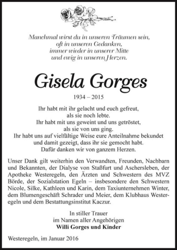 Traueranzeige von Gisela Gorges  von Magdeburger Volksstimme