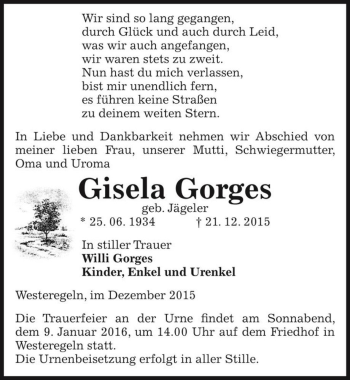 Traueranzeige von Gisela Gorges (geb. Jägeler)  von Magdeburger Volksstimme