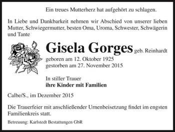Traueranzeige von Gisela Gorges (geb. Reinhardt)  von Magdeburger Volksstimme