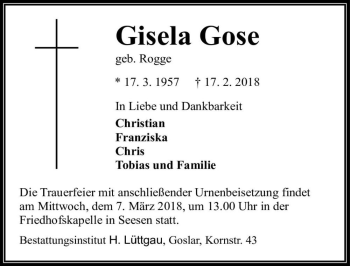 Traueranzeige von Gisela Gose (geb. Rogge)  von Magdeburger Volksstimme