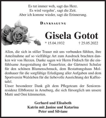 Traueranzeige von Gisela Gotot  von Magdeburger Volksstimme