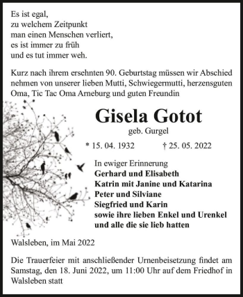 Traueranzeige von Gisela Gotot (geb. Gurgel)  von Magdeburger Volksstimme