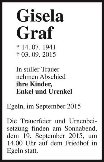 Traueranzeige von Gisela Graf  von Magdeburger Volksstimme