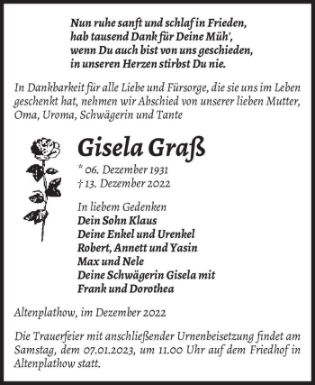 Traueranzeige von Gisela Graß  von Magdeburger Volksstimme
