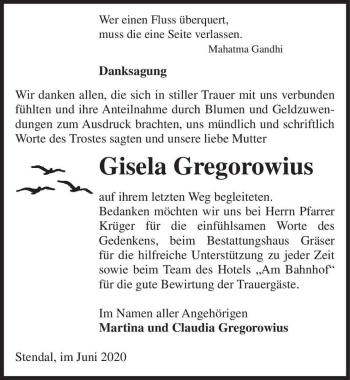 Traueranzeige von Gisela Gregorowius  von Magdeburger Volksstimme