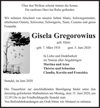 Traueranzeige von Gisela Gregorowius (geb. Hintz)  von Magdeburger Volksstimme